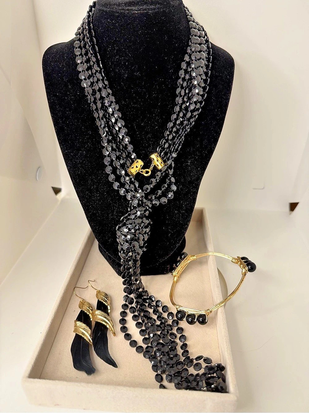 Black Goth Glam Multi Strand Necklace Bracelet Feather Earrings Set